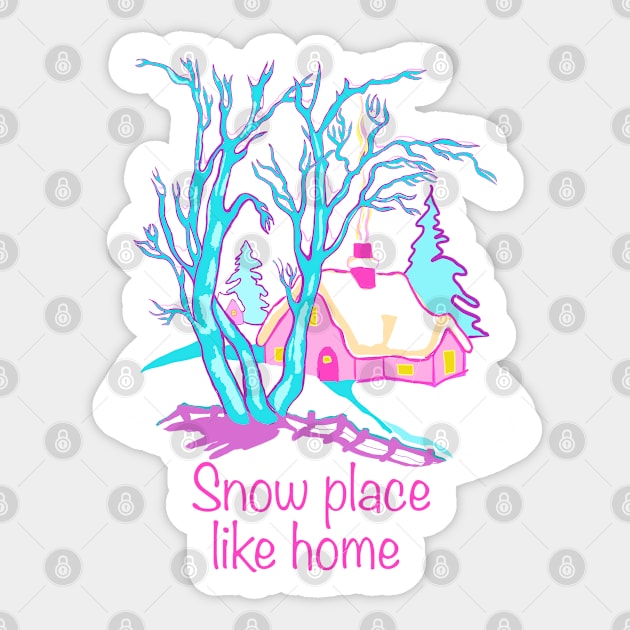 There is snow place like home winter wonder nostalgic teal pink and purple illustration. Sticker by Peaceful Pigments